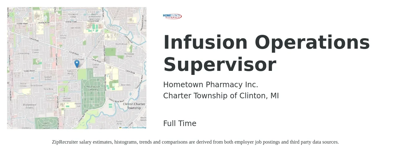 Hometown Pharmacy Inc. job posting for a Infusion Operations Supervisor in Charter Township of Clinton, MI with a salary of $37,900 to $71,700 Yearly with a map of Charter Township of Clinton location.