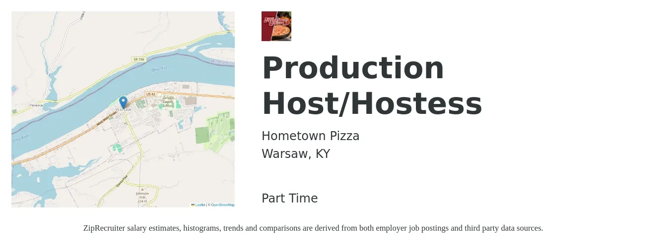 Hometown Pizza job posting for a Production Host/Hostess in Warsaw, KY with a salary of $11 to $16 Hourly with a map of Warsaw location.