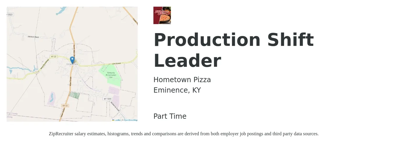 Hometown Pizza job posting for a Production Shift Leader in Eminence, KY with a salary of $18 to $25 Hourly with a map of Eminence location.