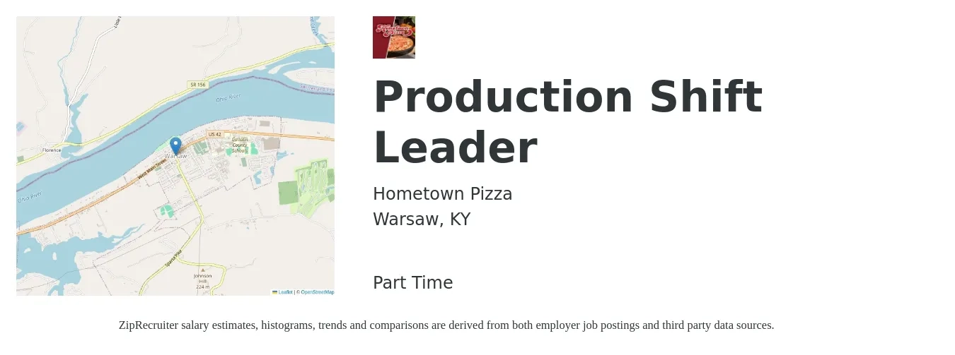 Hometown Pizza job posting for a Production Shift Leader in Warsaw, KY with a salary of $17 to $24 Hourly with a map of Warsaw location.