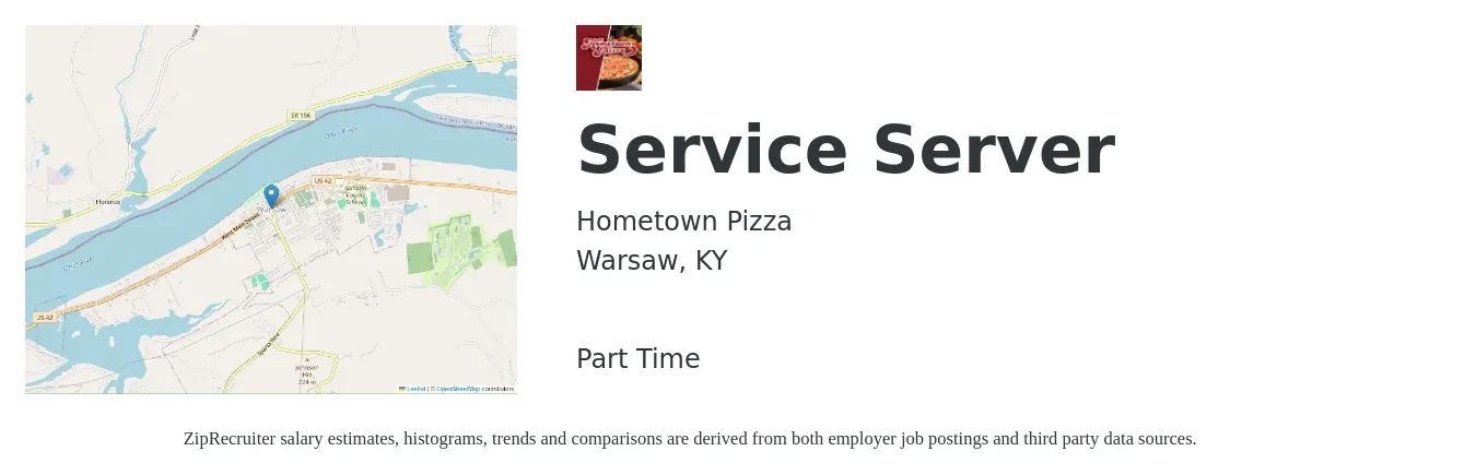 Hometown Pizza job posting for a Service Server in Warsaw, KY with a salary of $12 to $15 Hourly with a map of Warsaw location.
