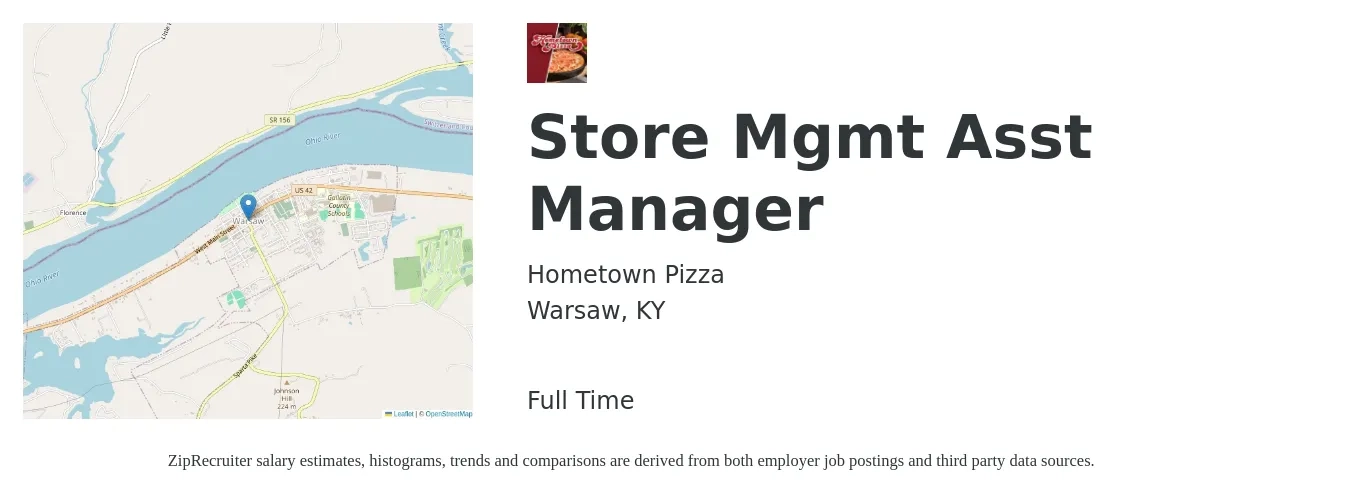 Hometown Pizza job posting for a Store Mgmt Asst Manager in Warsaw, KY with a salary of $15 to $21 Hourly with a map of Warsaw location.