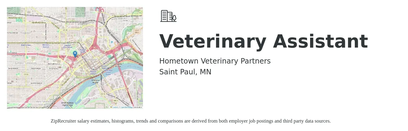 Hometown Veterinary Partners job posting for a Veterinary Assistant in Saint Paul, MN with a salary of $16 to $20 Hourly with a map of Saint Paul location.