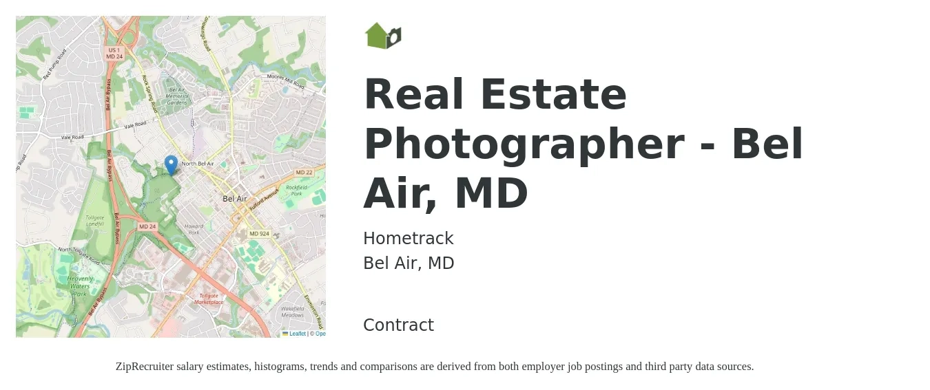 Hometrack job posting for a Real Estate Photographer - Bel Air, MD in Bel Air, MD with a salary of $54,200 to $67,500 Yearly with a map of Bel Air location.