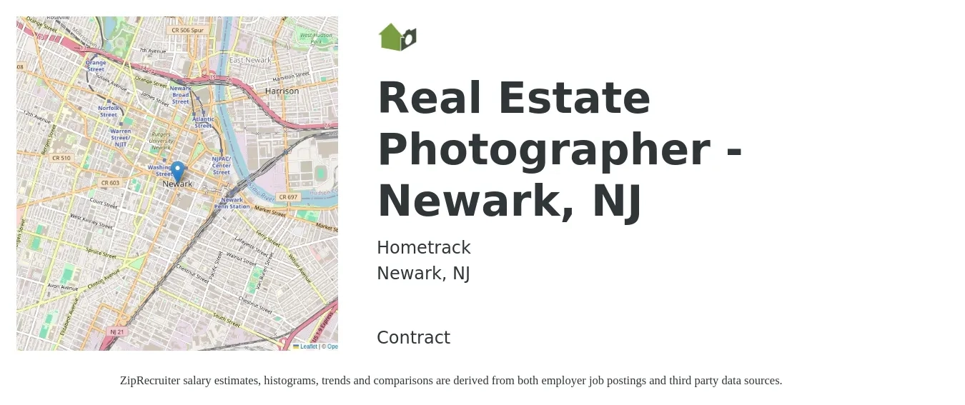 Hometrack job posting for a Real Estate Photographer - Newark, NJ in Newark, NJ with a salary of $59,600 to $74,200 Yearly with a map of Newark location.