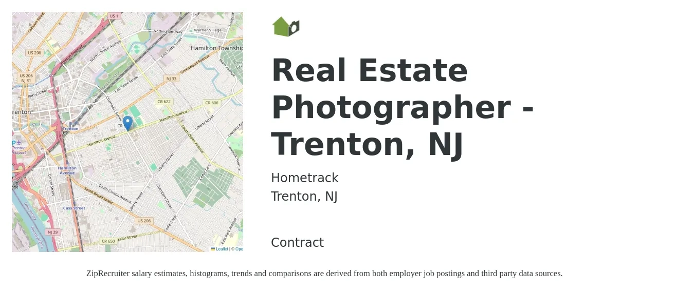 Hometrack job posting for a Real Estate Photographer - Trenton, NJ in Trenton, NJ with a salary of $57,200 to $71,200 Yearly with a map of Trenton location.