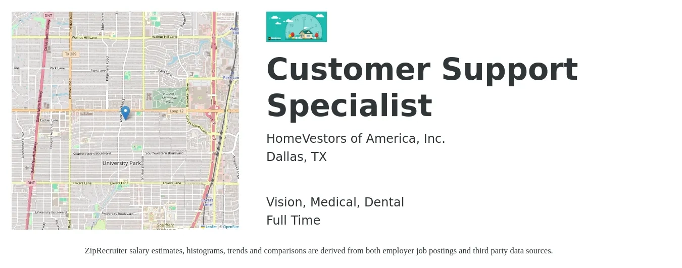 HomeVestors of America, Inc. job posting for a Customer Support Specialist in Dallas, TX with a salary of $18 to $24 Hourly and benefits including life_insurance, medical, pto, retirement, vision, and dental with a map of Dallas location.