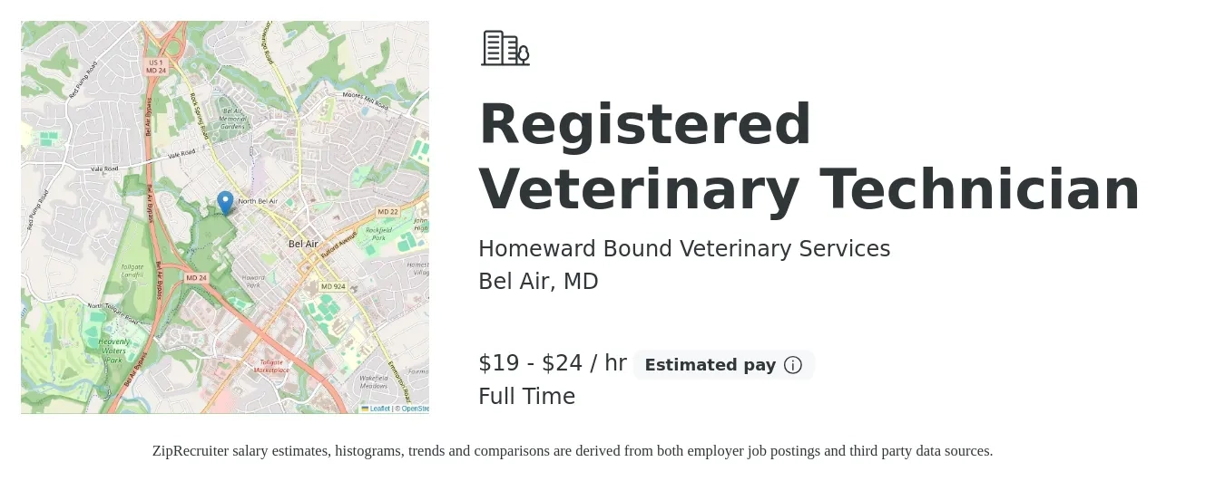 Homeward Bound Veterinary Services job posting for a Registered Veterinary Technician in Bel Air, MD with a salary of $20 to $25 Hourly with a map of Bel Air location.
