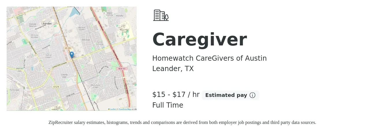 Homewatch CareGivers of Austin job posting for a Caregiver in Leander, TX with a salary of $16 to $18 Hourly with a map of Leander location.