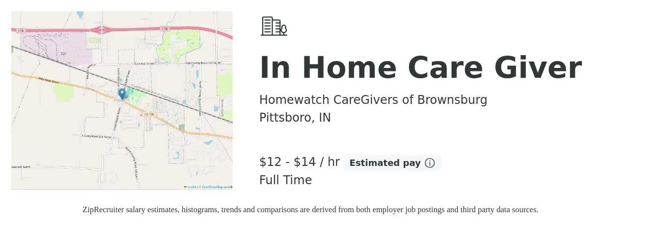 Homewatch CareGivers of Brownsburg job posting for a In Home Care Giver in Pittsboro, IN with a salary of $13 to $15 Hourly with a map of Pittsboro location.