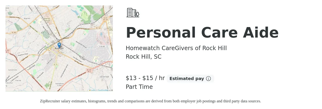 Homewatch CareGivers of Rock Hill job posting for a Personal Care Aide in Rock Hill, SC with a salary of $13 to $16 Hourly with a map of Rock Hill location.
