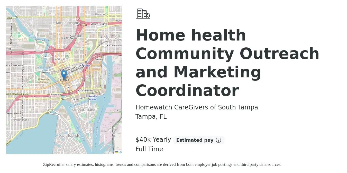 Homewatch CareGivers of South Tampa job posting for a Home health Community Outreach and Marketing Coordinator in Tampa, FL with a salary of $40,000 Yearly with a map of Tampa location.