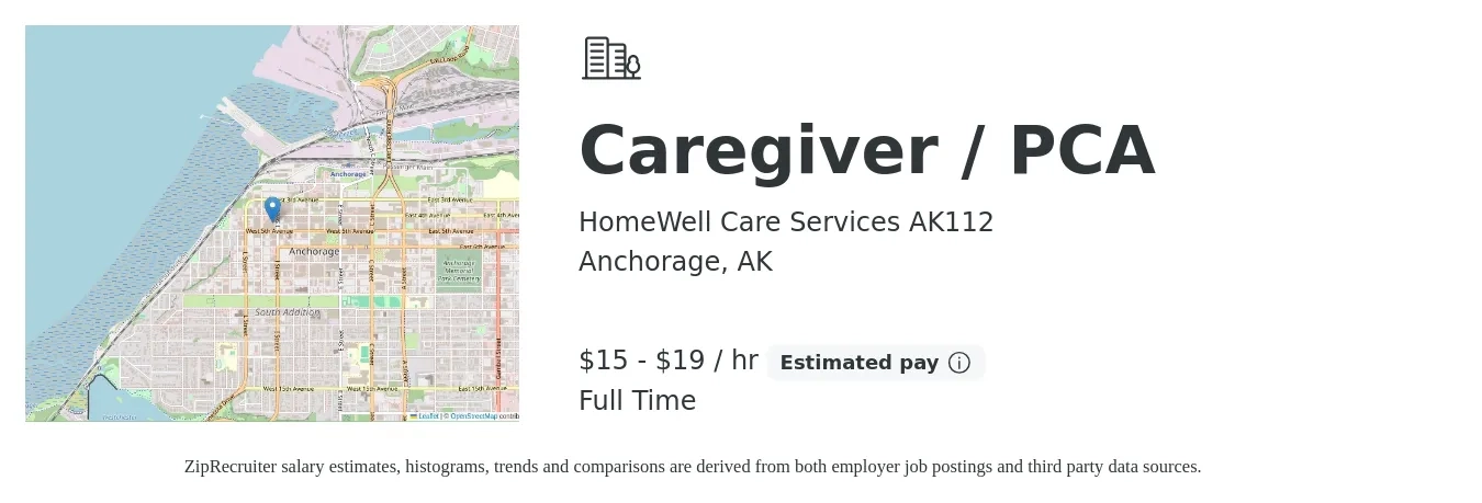 HomeWell Care Services AK112 job posting for a Caregiver / PCA in Anchorage, AK with a salary of $16 to $20 Hourly with a map of Anchorage location.