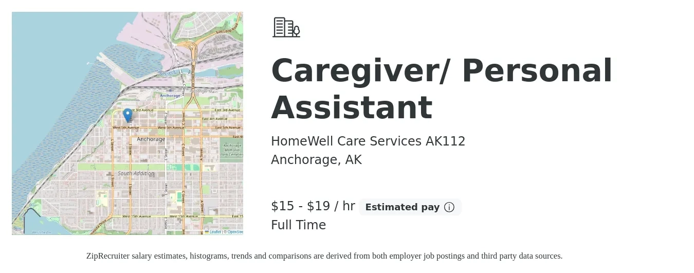 HomeWell Care Services AK112 job posting for a Caregiver/ Personal Assistant in Anchorage, AK with a salary of $16 to $20 Hourly with a map of Anchorage location.