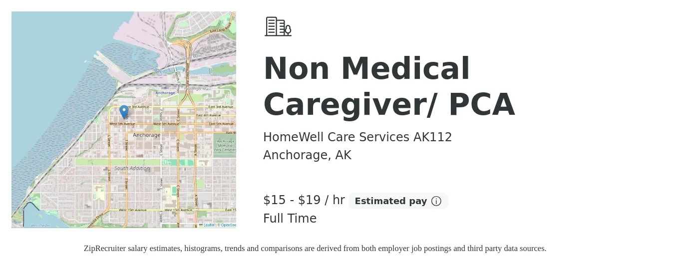 HomeWell Care Services AK112 job posting for a Non Medical Caregiver/ PCA in Anchorage, AK with a salary of $16 to $20 Hourly with a map of Anchorage location.
