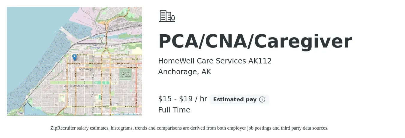 HomeWell Care Services AK112 job posting for a PCA/CNA/Caregiver in Anchorage, AK with a salary of $16 to $20 Hourly with a map of Anchorage location.