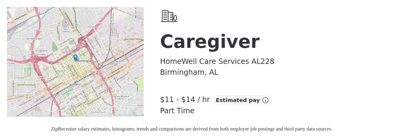 HomeWell Care Services AL228 job posting for a Caregiver in Birmingham, AL with a salary of $12 to $15 Hourly with a map of Birmingham location.