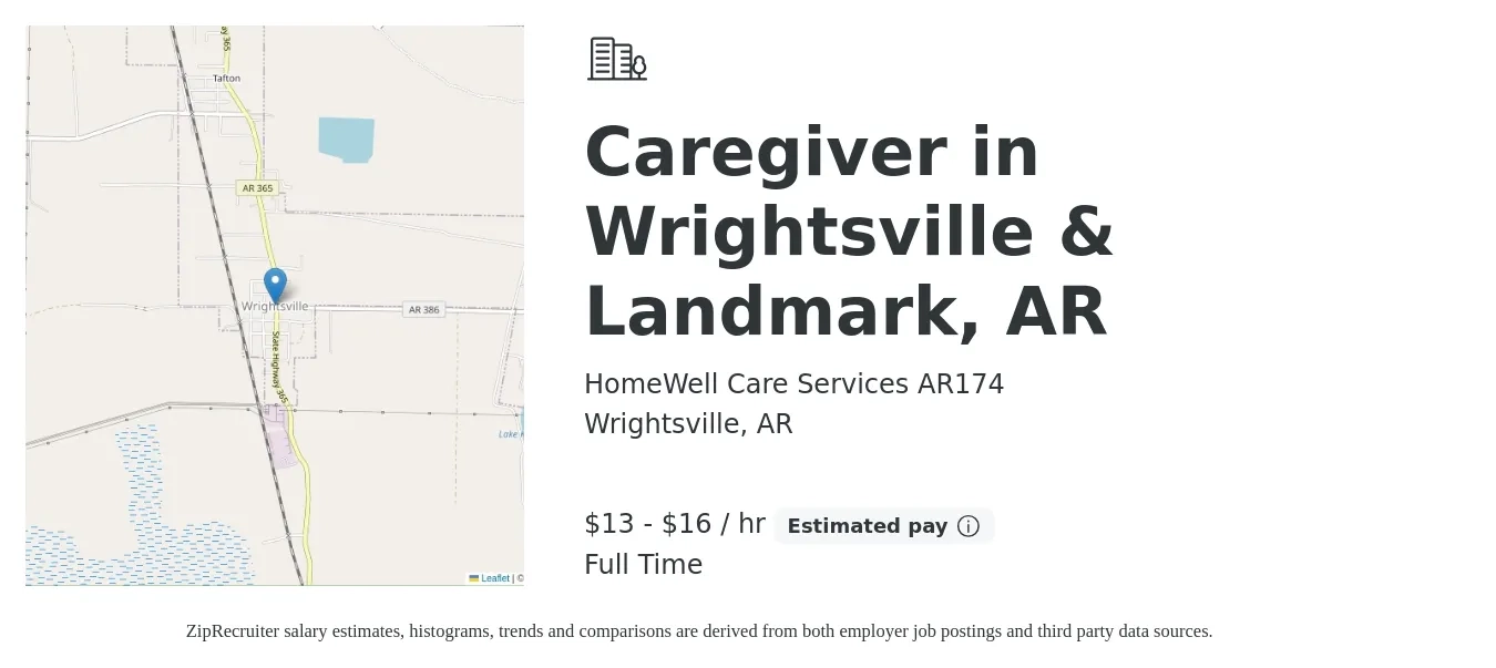 HomeWell Care Services AR174 job posting for a Caregiver in Wrightsville & Landmark, AR in Wrightsville, AR with a salary of $14 to $17 Hourly with a map of Wrightsville location.