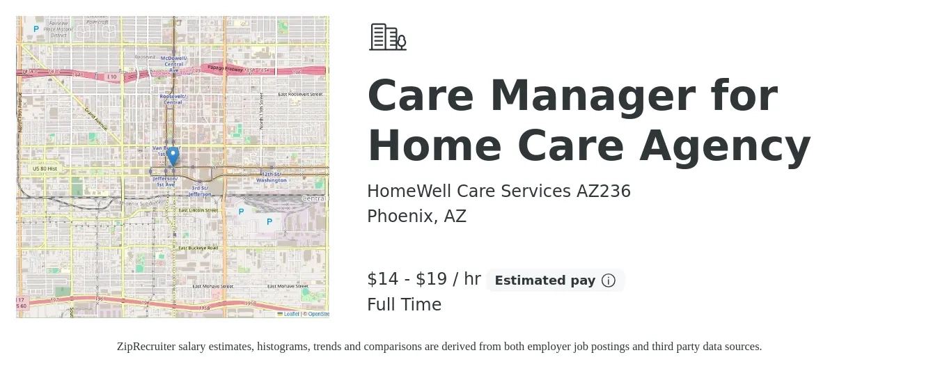 HomeWell Care Services AZ236 job posting for a Care Manager for Home Care Agency in Phoenix, AZ with a salary of $15 to $20 Hourly with a map of Phoenix location.