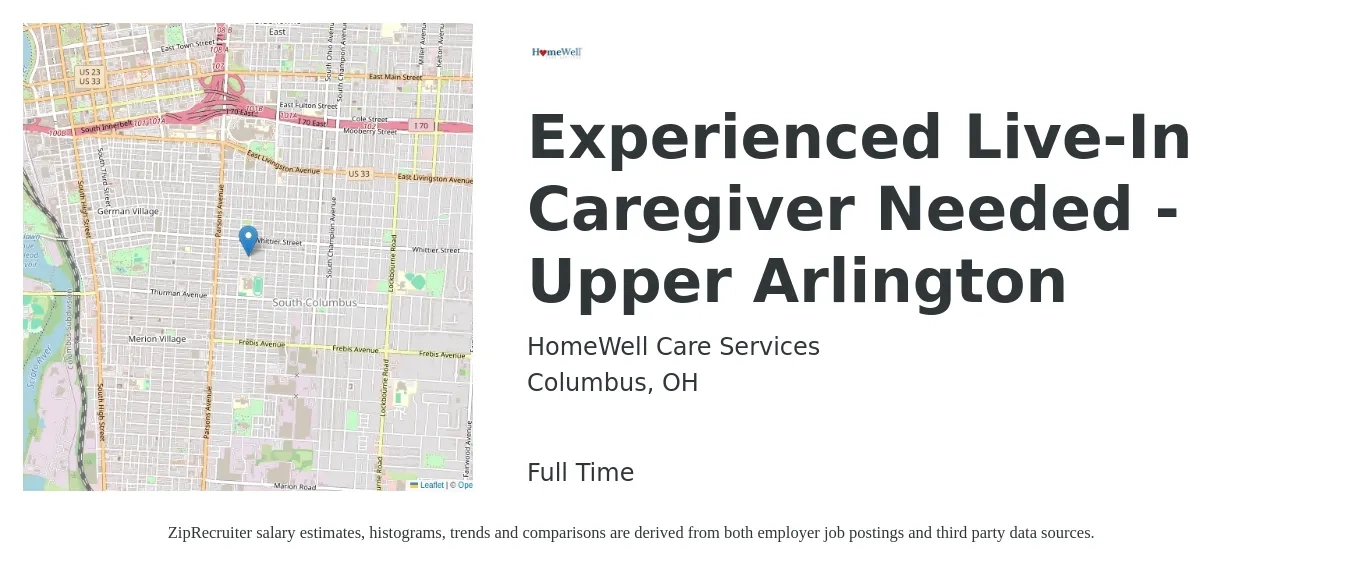 HomeWell Care Services job posting for a Experienced Live-In Caregiver Needed - Upper Arlington in Columbus, OH with a salary of $14 to $18 Hourly with a map of Columbus location.