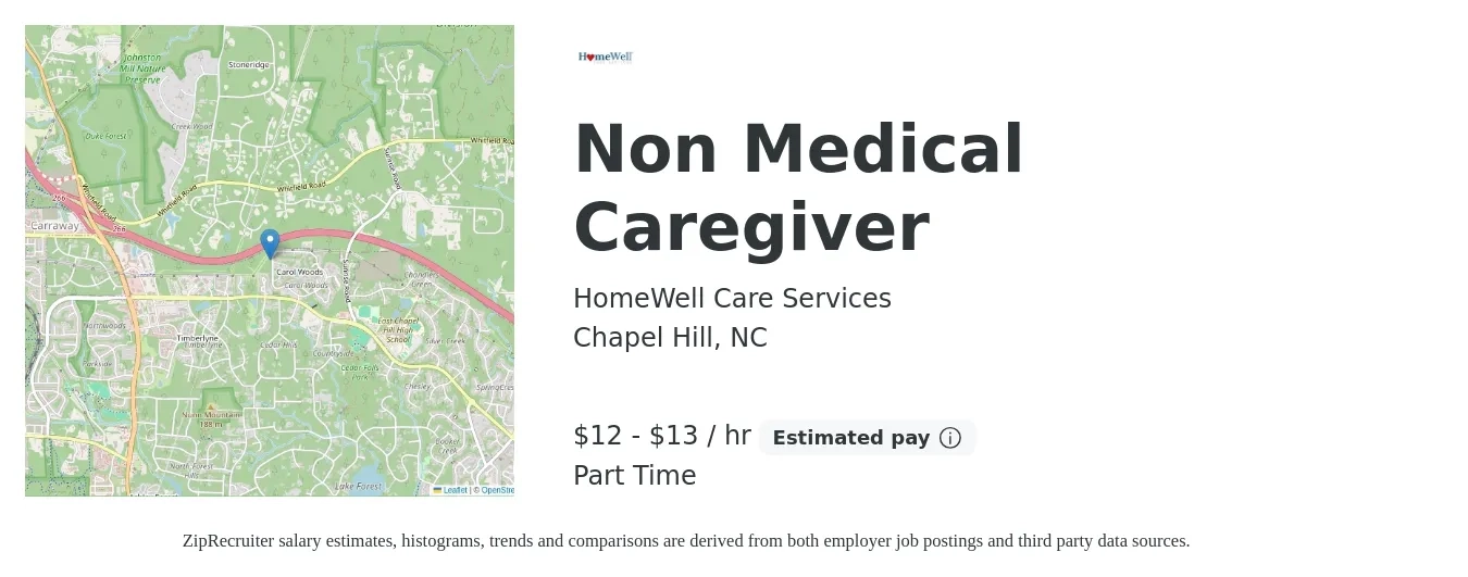 HomeWell Care Services job posting for a Non Medical Caregiver in Chapel Hill, NC with a salary of $12 to $14 Hourly with a map of Chapel Hill location.