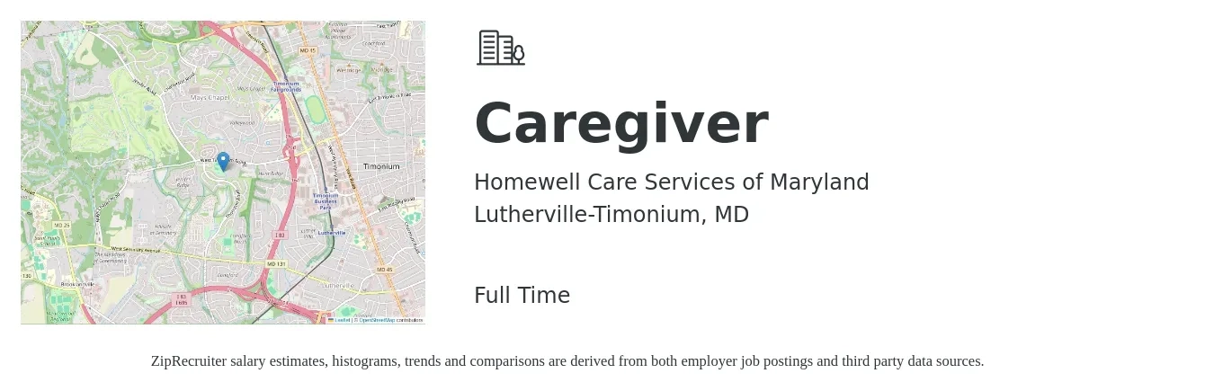 Homewell Care Services of Maryland job posting for a Caregiver in Lutherville-Timonium, MD with a salary of $14 to $18 Hourly with a map of Lutherville-Timonium location.