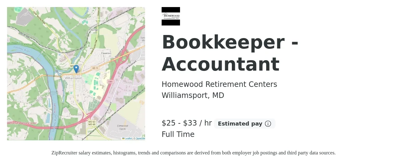 Homewood Retirement Centers job posting for a Bookkeeper - Accountant in Williamsport, MD with a salary of $26 to $34 Hourly with a map of Williamsport location.