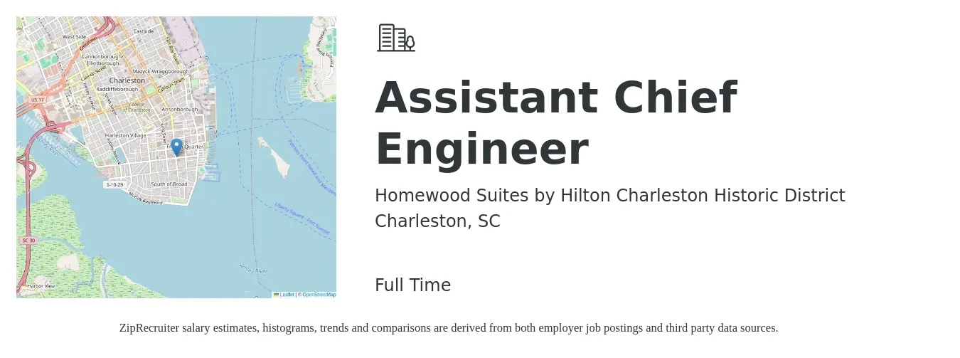 Homewood Suites by Hilton Charleston Historic District job posting for a Assistant Chief Engineer in Charleston, SC with a salary of $51,300 to $105,900 Yearly with a map of Charleston location.