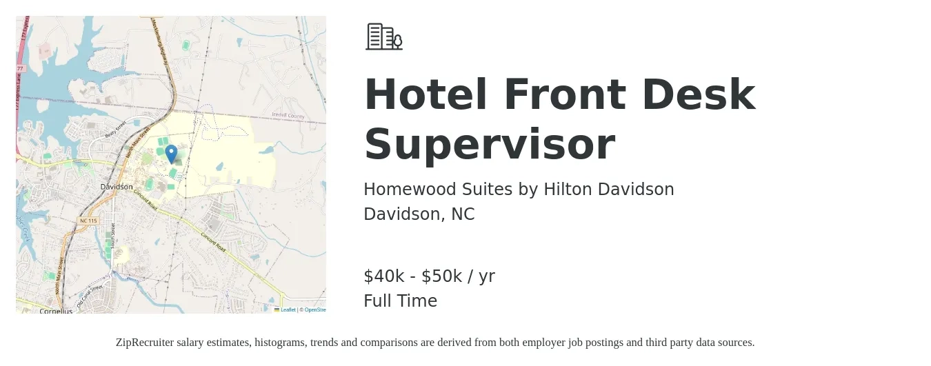 Homewood Suites by Hilton Davidson job posting for a Hotel Front Desk Supervisor in Davidson, NC with a salary of $40,000 to $50,000 Yearly with a map of Davidson location.