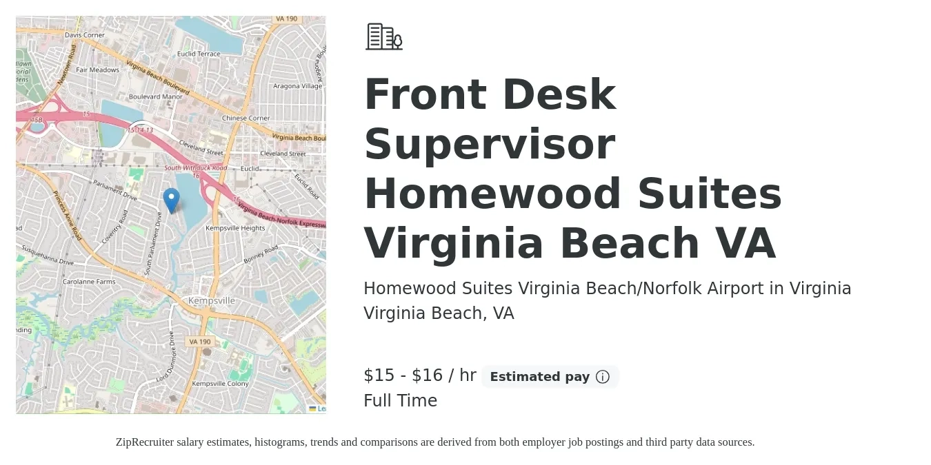 Homewood Suites Virginia Beach/Norfolk Airport in Virginia job posting for a Front Desk Supervisor Homewood Suites Virginia Beach VA in Virginia Beach, VA with a salary of $16 to $17 Hourly with a map of Virginia Beach location.