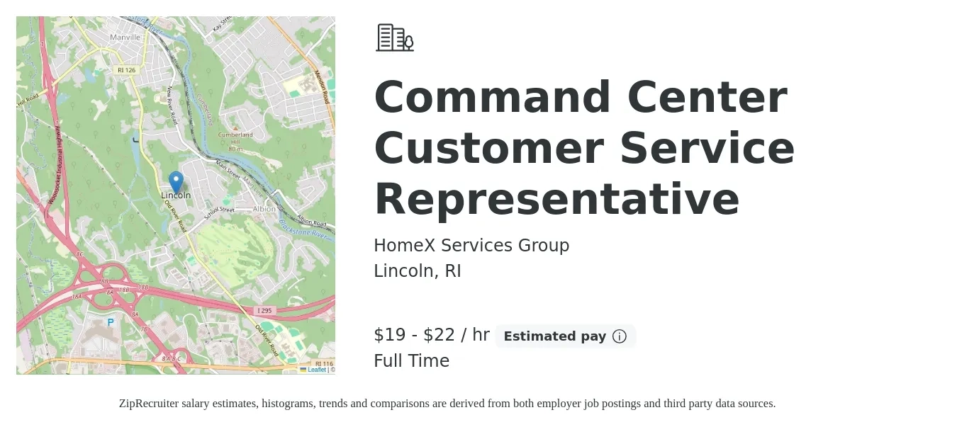 HomeX Services Group job posting for a Command Center Customer Service Representative in Lincoln, RI with a salary of $20 to $23 Hourly with a map of Lincoln location.
