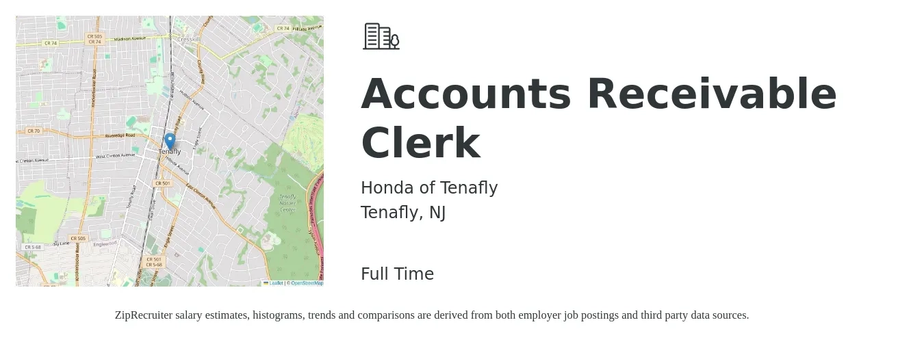 Honda of Tenafly job posting for a Accounts Receivable Clerk in Tenafly, NJ with a salary of $20 to $26 Hourly with a map of Tenafly location.