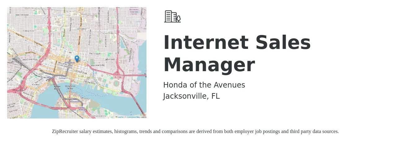 Honda of the Avenues job posting for a Internet Sales Manager in Jacksonville, FL with a salary of $17 to $40 Hourly with a map of Jacksonville location.