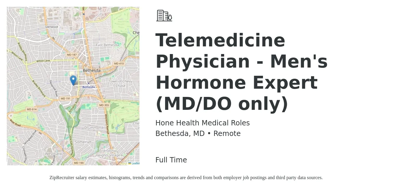 Hone Health Medical Roles job posting for a Telemedicine Physician - Men's Hormone Expert (MD/DO only) in Bethesda, MD with a salary of $114 to $170 Hourly with a map of Bethesda location.
