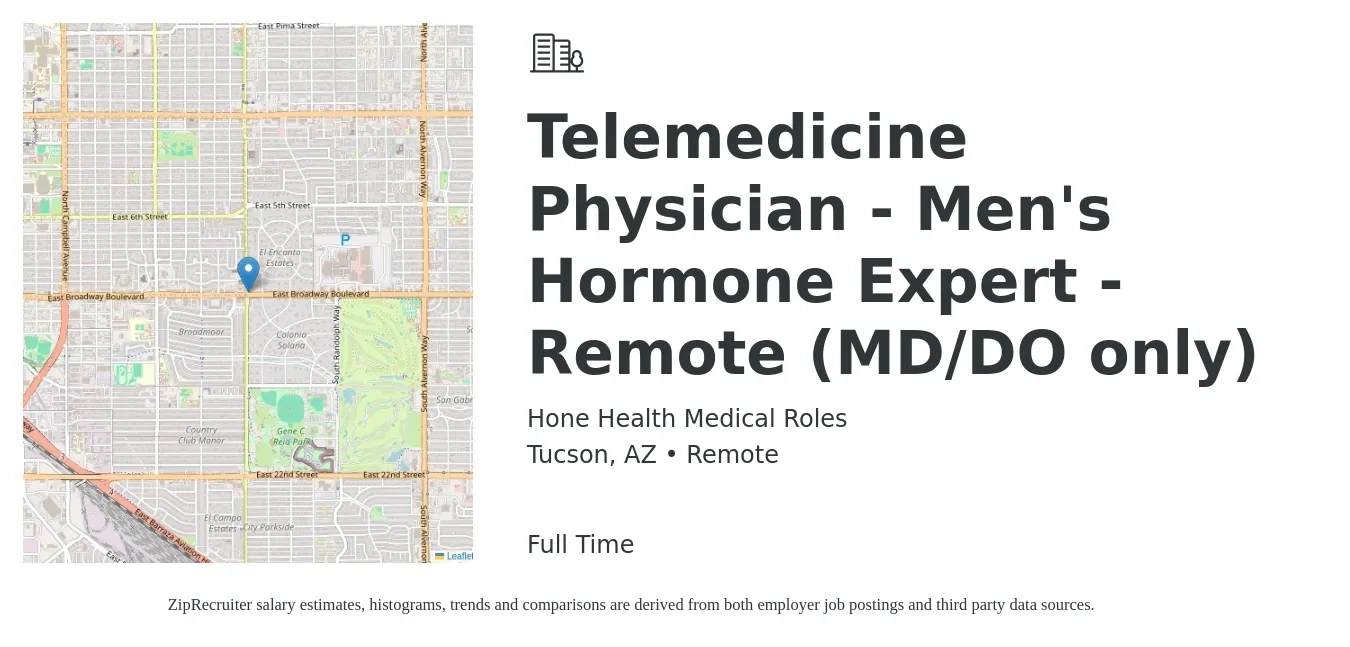 Hone Health Medical Roles job posting for a Telemedicine Physician - Men's Hormone Expert - Remote (MD/DO only) in Tucson, AZ with a salary of $100 to $150 Hourly with a map of Tucson location.