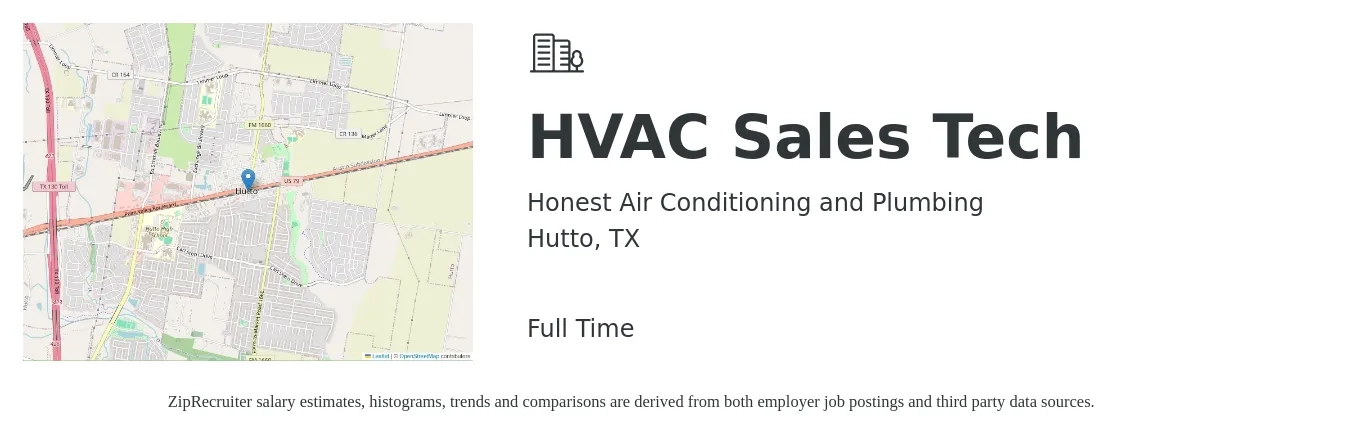 Honest Air Conditioning and Plumbing job posting for a HVAC Sales Tech in Hutto, TX with a salary of $23 to $34 Hourly with a map of Hutto location.