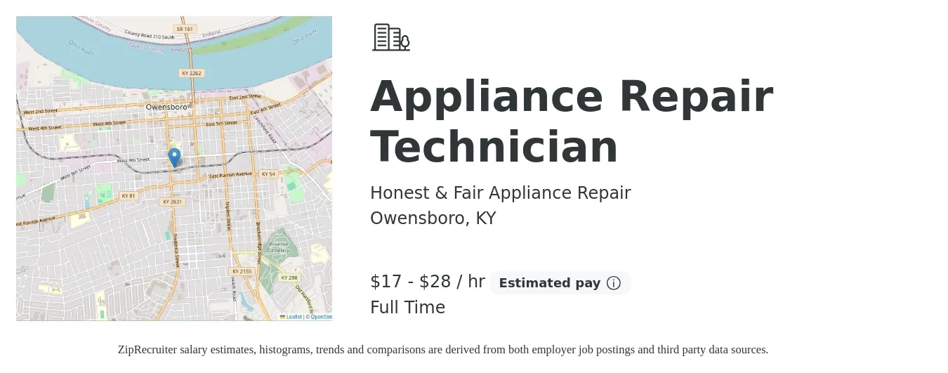 Honest & Fair Appliance Repair job posting for a Appliance Repair Technician in Owensboro, KY with a salary of $18 to $30 Hourly with a map of Owensboro location.