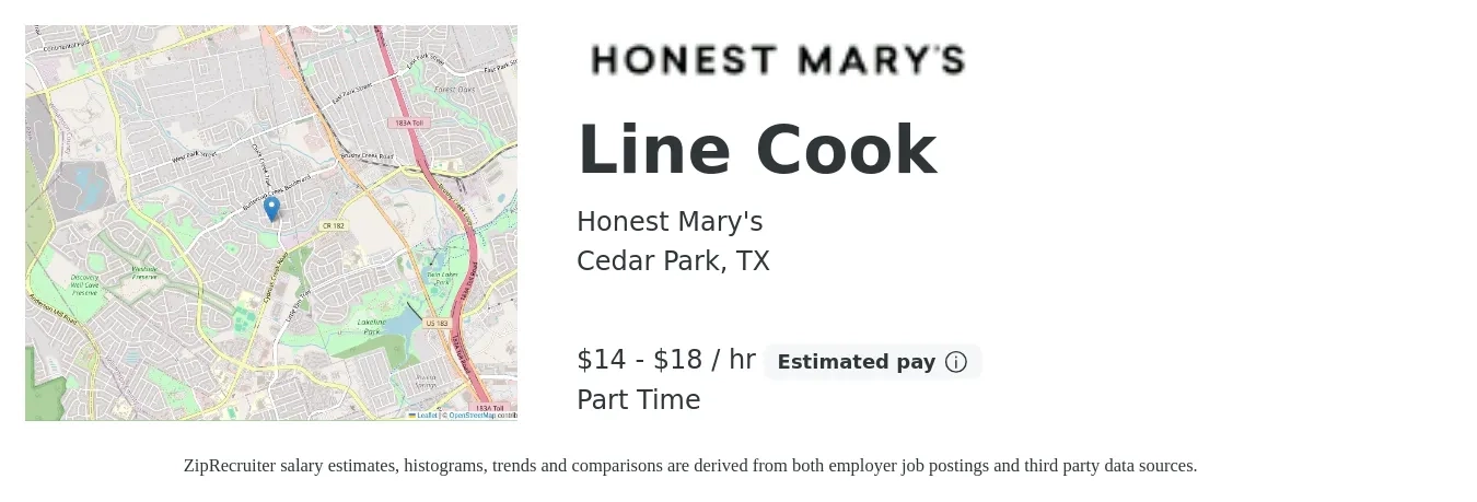 Honest Mary's job posting for a Line Cook in Cedar Park, TX with a salary of $15 to $19 Hourly with a map of Cedar Park location.