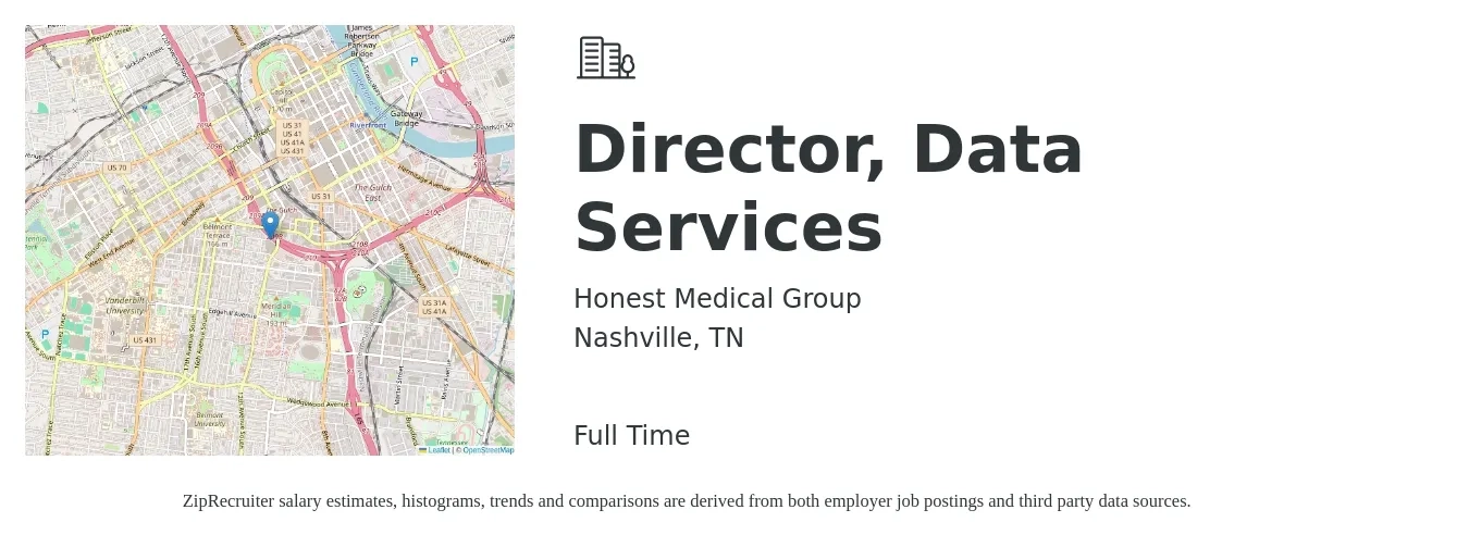 Honest Medical Group job posting for a Director, Data Services in Nashville, TN with a salary of $90,800 to $157,900 Yearly with a map of Nashville location.