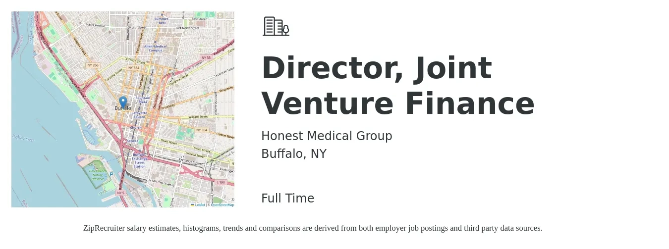 Honest Medical Group job posting for a Director, Joint Venture Finance in Buffalo, NY with a salary of $97,400 to $148,200 Yearly with a map of Buffalo location.