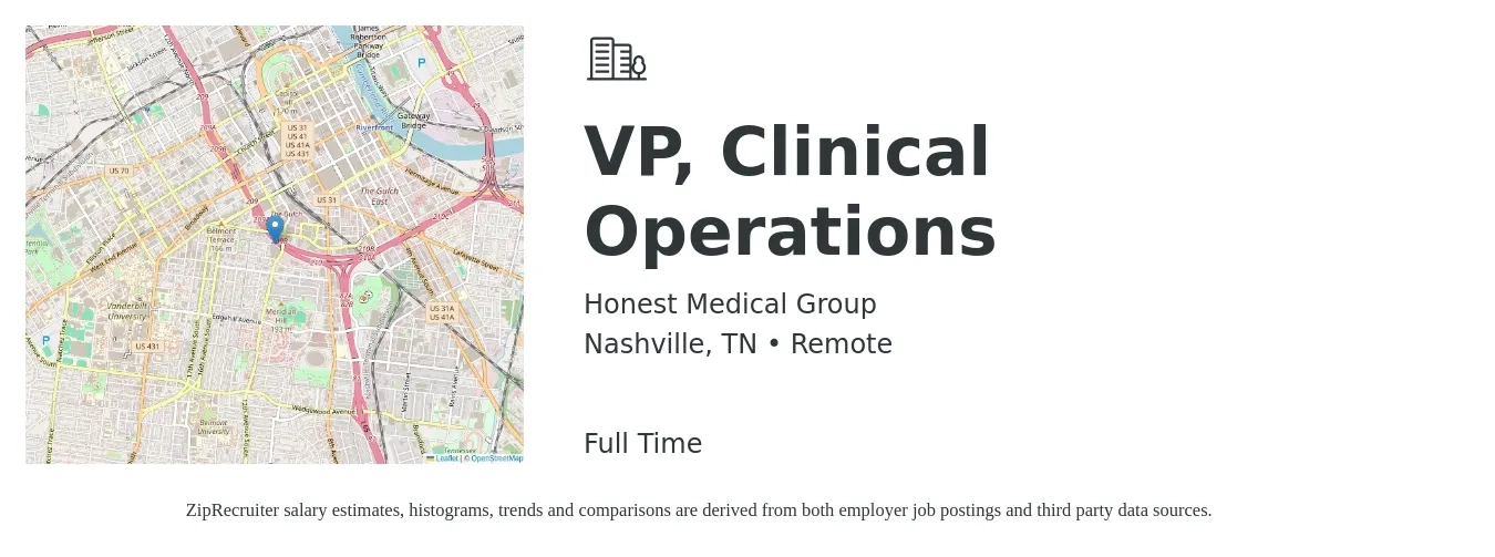 Honest Medical Group job posting for a VP, Clinical Operations in Nashville, TN with a salary of $111,600 to $178,800 Yearly with a map of Nashville location.