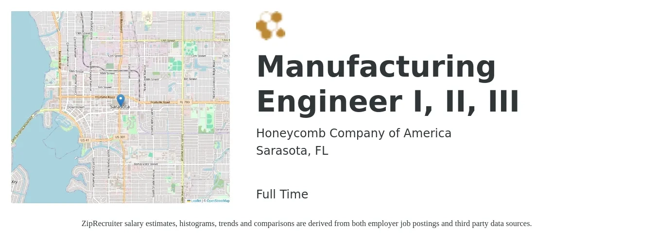 Honeycomb Company of America job posting for a Manufacturing Engineer I, II, III in Sarasota, FL with a salary of $67,800 to $87,300 Yearly with a map of Sarasota location.