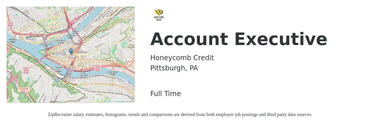 Honeycomb Credit job posting for a Account Executive in Pittsburgh, PA with a salary of $52,400 to $92,200 Yearly with a map of Pittsburgh location.