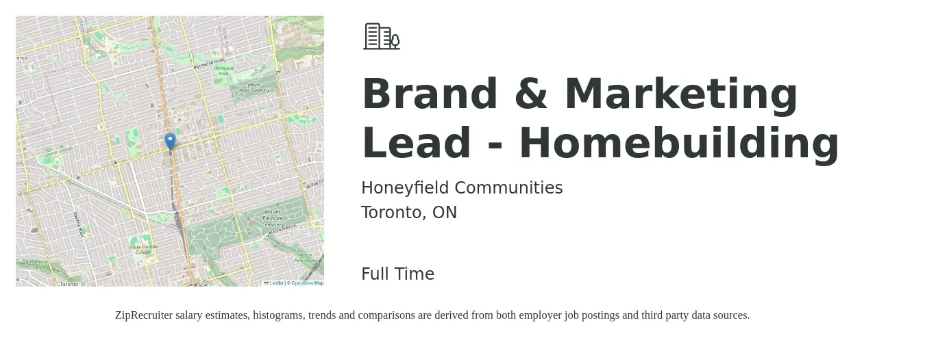 Honeyfield Communities job posting for a Brand & Marketing Lead - Homebuilding in Toronto, ON with a map of Toronto location.