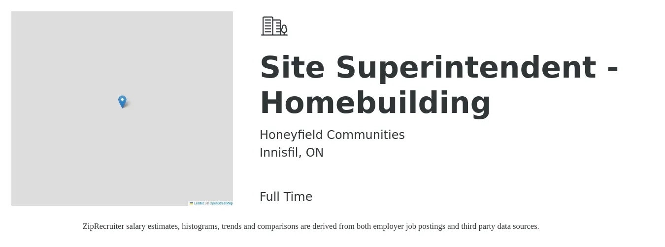 Honeyfield Communities job posting for a Site Superintendent - Homebuilding in Innisfil, ON with a map of Innisfil location.