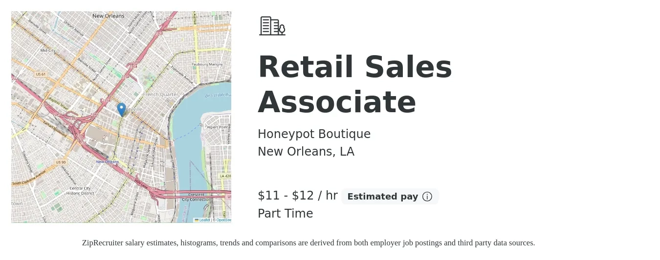 Honeypot Boutique job posting for a Retail Sales Associate in New Orleans, LA with a salary of $12 to $13 Hourly (plus commission) with a map of New Orleans location.