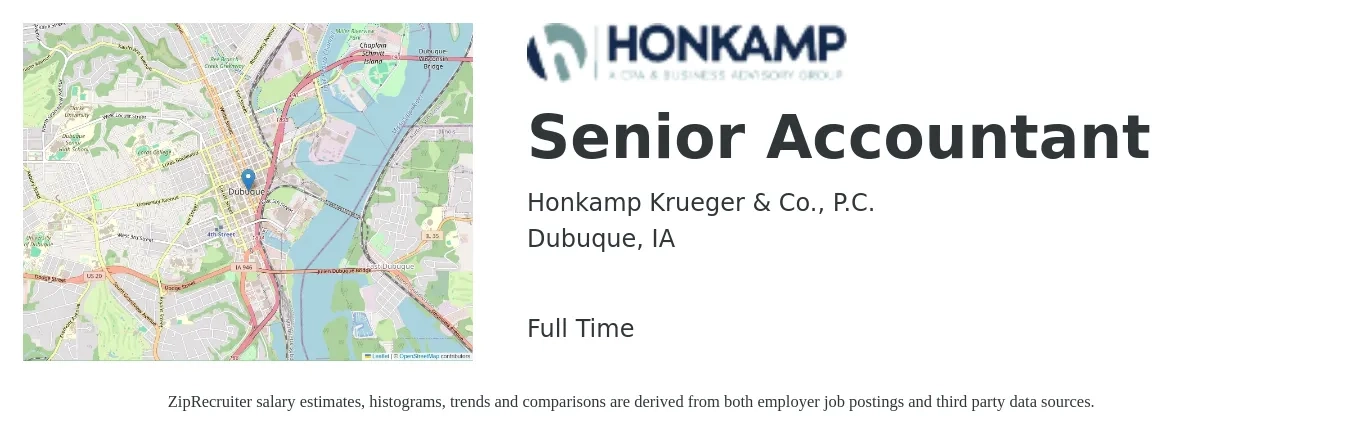 Honkamp Krueger & Co., P.C. job posting for a Senior Accountant in Dubuque, IA with a salary of $69,800 to $87,700 Yearly with a map of Dubuque location.