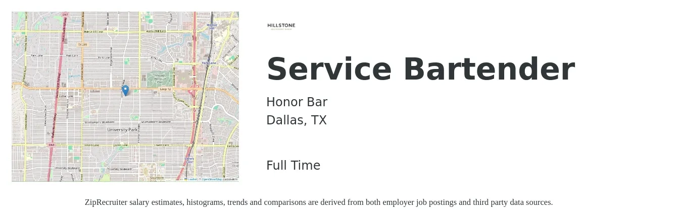 Honor Bar job posting for a Service Bartender in Dallas, TX with a salary of $30 to $40 Hourly with a map of Dallas location.