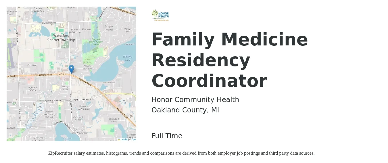 Honor Community Health job posting for a Family Medicine Residency Coordinator in Oakland County, MI with a salary of $227,900 to $281,200 Yearly with a map of Oakland County location.