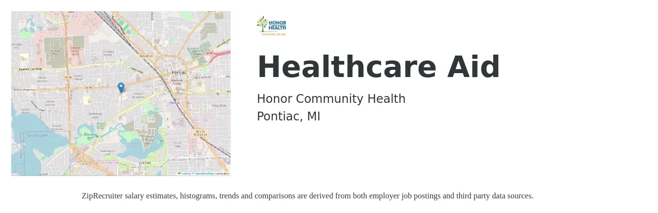Honor Community Health job posting for a Healthcare Aid in Pontiac, MI with a salary of $16 to $19 Hourly with a map of Pontiac location.